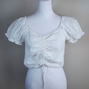 Cottagecore White Eyelet Crop Top Womens L Boho Puff Sleeve Ruched Coquette Cute